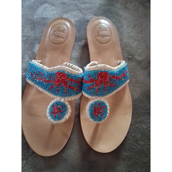 Jack Rogers Beaded Blue /Red CrabLeather Slip-On Flat Sandal Women's 8.5M - Picture 2 of 7